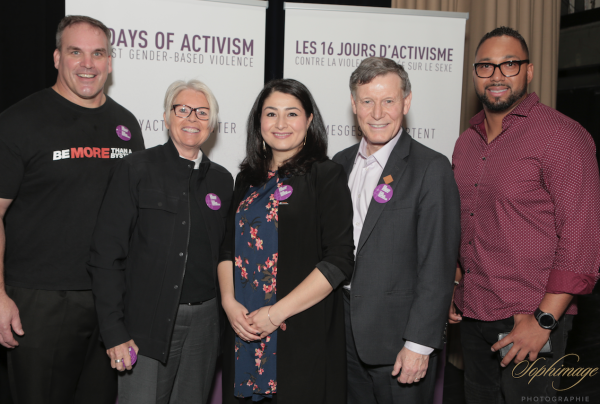 Pictured left to right: Jamie Taras, Director of Community Relations for the BC Lions; Tracy Porteous, Executive Director of the Ending Violence Association of BC; the Honourable Maryam Monsef, Minister of Status of Women; Winnipeg South MP Terry Duguid; and JR LaRose, former BC Lions and Be More Than A Bystander Spokesperson